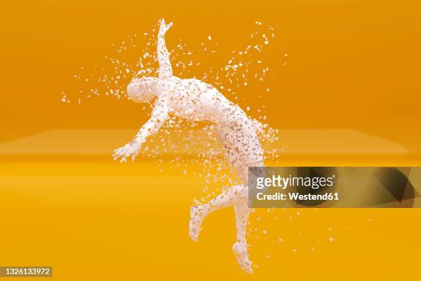 three dimensional render of disintegrating man jumping against yellow background - disintegration stock-grafiken, -clipart, -cartoons und -symbole