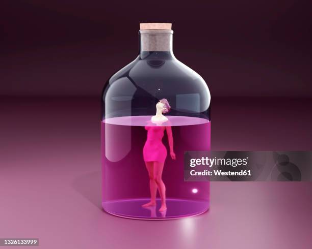 three dimensional render of woman trapped in large bottle - impossible shapes 3d stock illustrations