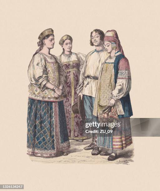 19. jahrhundert, russische kostüme, handkolorierte sagravur, veröffentlicht ca. 1880 - blue blouse stock-grafiken, -clipart, -cartoons und -symbole