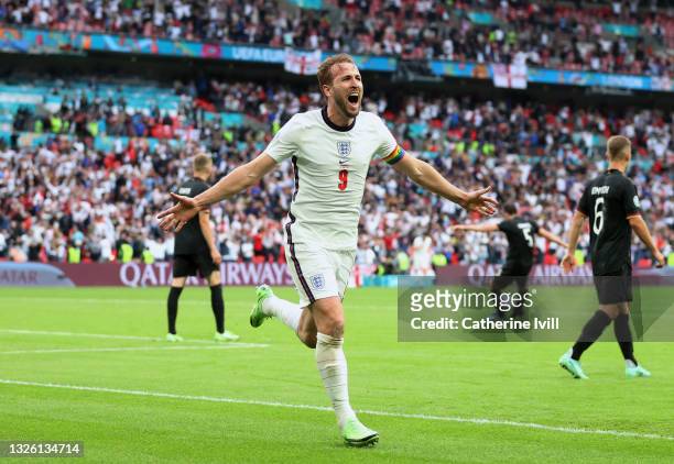 Harry Kane of England celebrates after scoring their side's second goal during the UEFA Euro 2020 Championship Round of 16 match between England and...