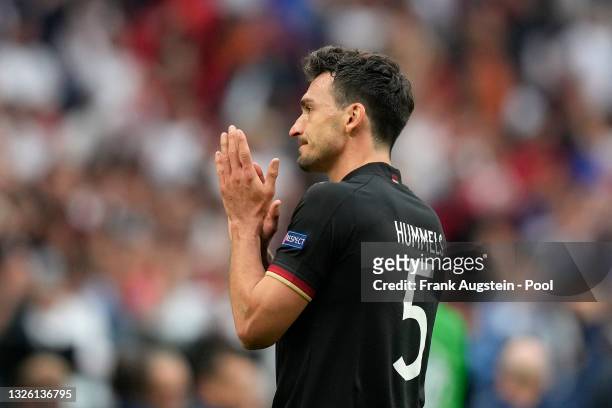 Mats Hummels of Germany applauds the fans after the UEFA Euro 2020 Championship Round of 16 match between England and Germany at Wembley Stadium on...