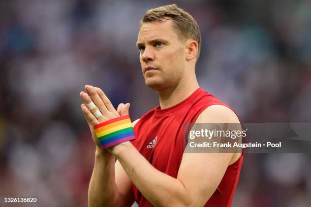 Manuel Neuer of Germany applauds the fans after the UEFA Euro 2020 Championship Round of 16 match between England and Germany at Wembley Stadium on...