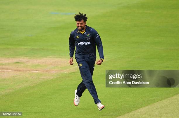 Prem Sisodiya of Glamorgan celebrates taking the wicket of Will Jacks of Surrey wduring the Vitality T20 Blast match between Glamorgan and Surrey at...