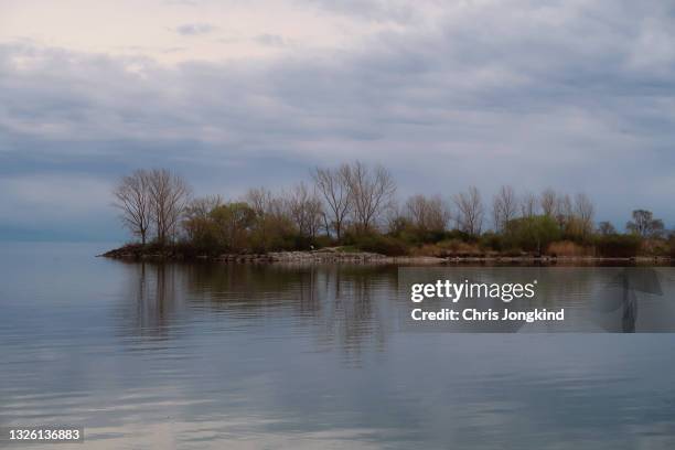 rocky peninsula in lake with trees and bushes - lake ontario stock pictures, royalty-free photos & images