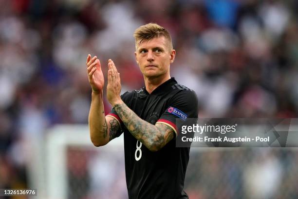 Toni Kroos of Germany applauds the fans following defeat in the UEFA Euro 2020 Championship Round of 16 match between England and Germany at Wembley...