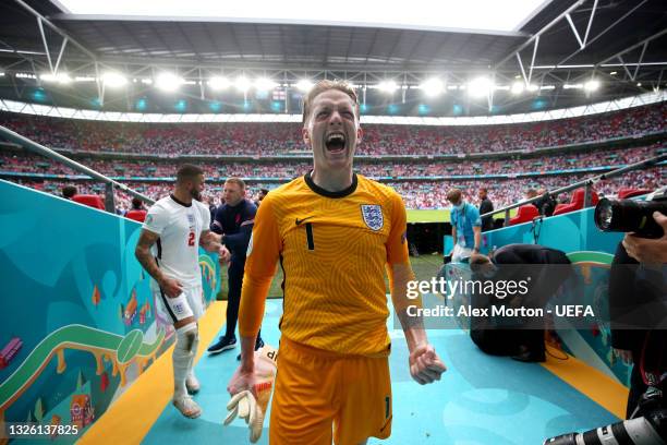 Jordan Pickford of England celebrates after victory in the UEFA Euro 2020 Championship Round of 16 match between England and Germany at Wembley...