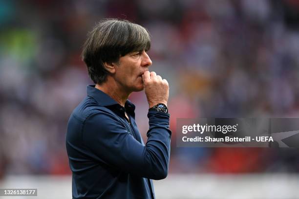 Joachim Loew, Head Coach of Germany reacts during the UEFA Euro 2020 Championship Round of 16 match between England and Germany at Wembley Stadium on...