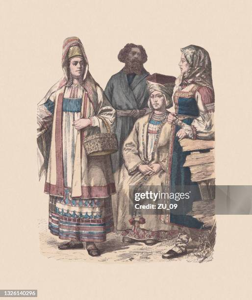 19th century, russian costumes, hand-colored wood engraving, published ca. 1880 - st petersburg russia stock illustrations