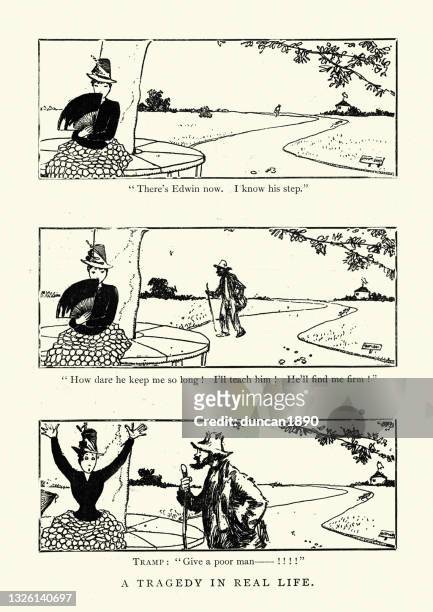 ilustrações, clipart, desenhos animados e ícones de desenho animado vitoriano, jovem confundindo um com seu namorado, humor do século 19 - cartoon hobo