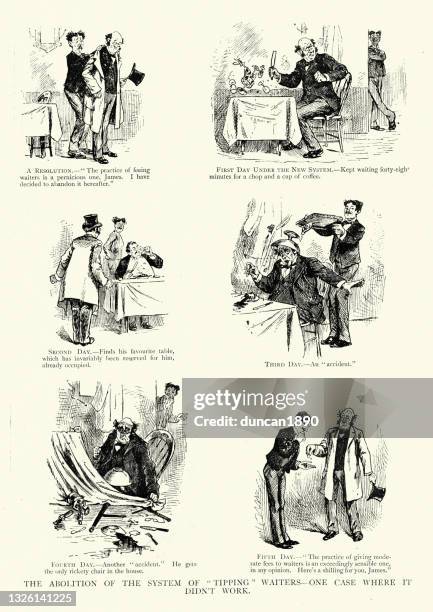 vintage cartoon, customer refusing to tip the waiter, 19th century victorian  humour - gratuity stock illustrations