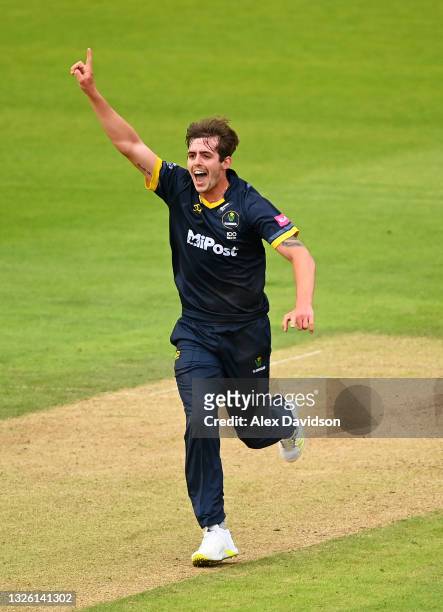 Roman Walker of Glamorgan celebrates taking the wicket of Rory Burns of Surrey during the Vitality T20 Blast match between Glamorgan and Surrey at...
