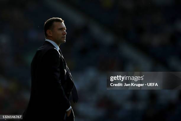 Andriy Shevchenko, Head Coach of Ukraine looks on during the UEFA Euro 2020 Championship Round of 16 match between Sweden and Ukraine at Hampden Park...