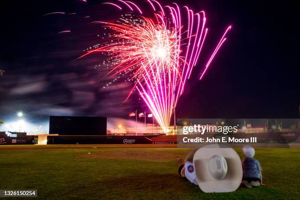 Postgame fireworks show is pictured after the game between the Amarillo Sod Poodles and the Midland RockHounds at HODGETOWN Stadium on June 18, 2021...