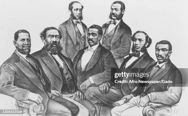 Engraving of Hiram Rhodes Revels, who is the first seated person on the left, and a group of men described as African American legislators, Revels...