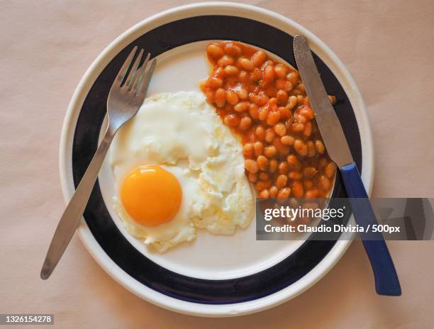 directly above shot of breakfast served on table - baked beans stock pictures, royalty-free photos & images