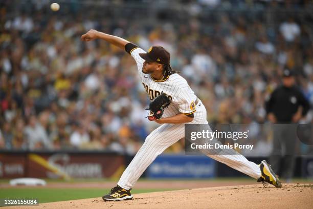 Dinelson Lamet of the San Diego Padres pitches during the first inning of a baseball game at Petco Park against the Arizona Diamondbacks on June 26,...