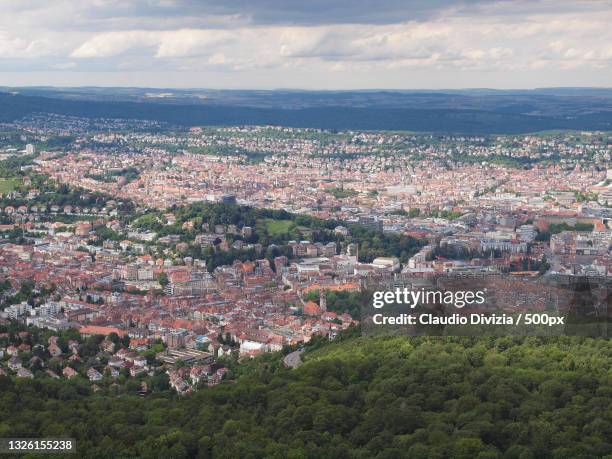 high angle view of townscape against sky - fernsehturm stuttgart stock pictures, royalty-free photos & images