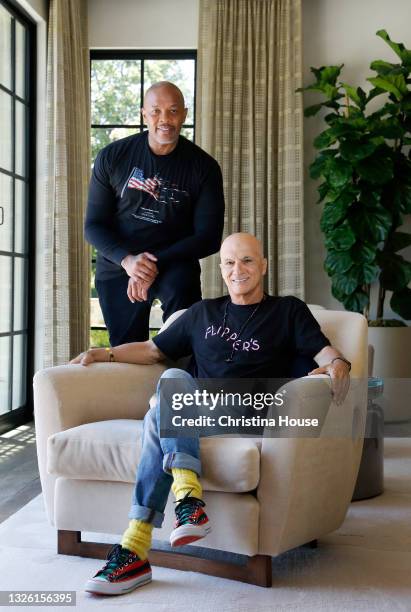 Music producer, rapper, songwriter Dr. Dre and record executive Jimmy Iovine are photographed for Los Angeles Times on June 11, 2021 in Los Angeles,...