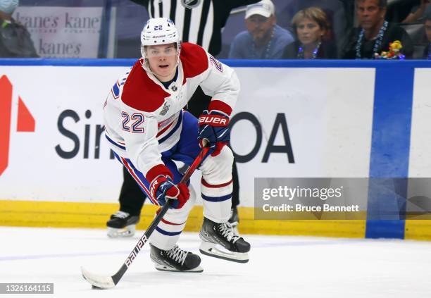 Cole Caufield of the Montreal Canadiens skates against the Tampa Bay Lightning during Game One of the 2021 NHL Stanley Cup Finals against the Tampa...