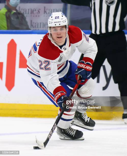 Cole Caufield of the Montreal Canadiens skates against the Tampa Bay Lightning during Game One of the 2021 NHL Stanley Cup Finals against the Tampa...