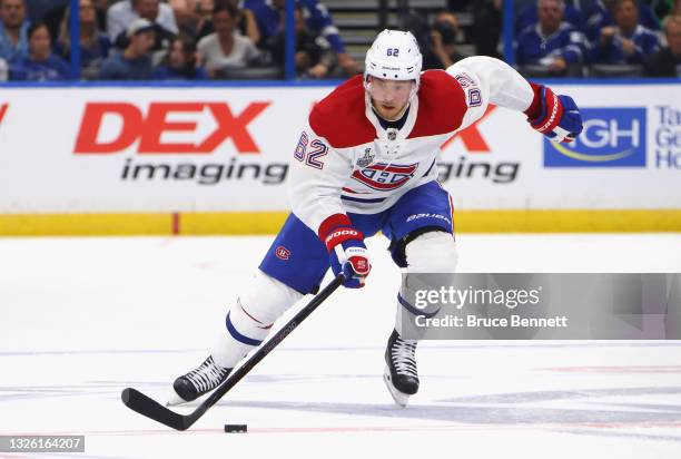 Artturi Lehkonen of the Montreal Canadiens skates against the Tampa Bay Lightning during Game One of the 2021 NHL Stanley Cup Finals against the...