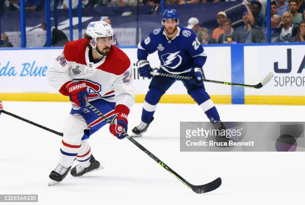 Phillip Danault of the Montreal Canadiens skates against the Tampa Bay Lightning during Game One of the 2021 NHL Stanley Cup Finals against the Tampa...