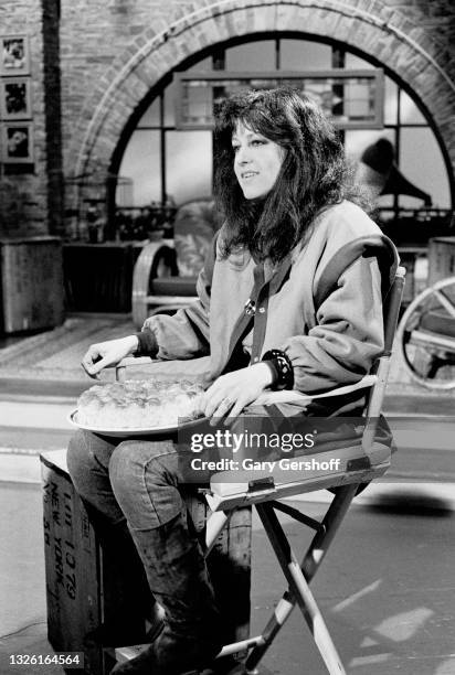 View of American Rock singer Grace Slick during an interview at MTV Studios, New York, New York, September 9, 1982.