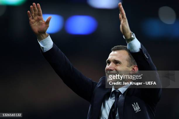 Andriy Shevchenko, Head Coach of Ukraine acknowledges the fans after the UEFA Euro 2020 Championship Round of 16 match between Sweden and Ukraine at...