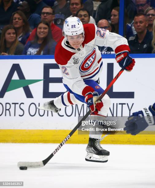 Cole Caufield of the Montreal Canadiens skates against the Tampa Bay Lightning during Game One of the 2021 NHL Stanley Cup Finals against the Tampa...