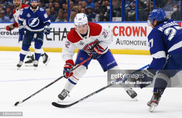 Cole Caufield of the Montreal Canadiens skates against the Tampa Bay Lightning during Game One of the 2021 NHL Stanley Cup Finals against the Tampa...