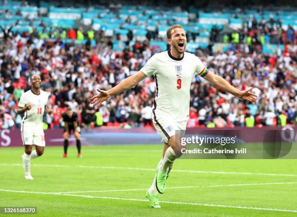 Harry Kane of England celebrates after scoring their side's second goal during the UEFA Euro 2020 Championship Round of 16 match between England and...