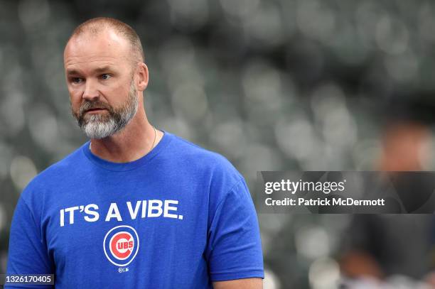 Manager David Ross of the Chicago Cubs talks during batting practice before a game against the Milwaukee Brewers at American Family Field on June 28,...