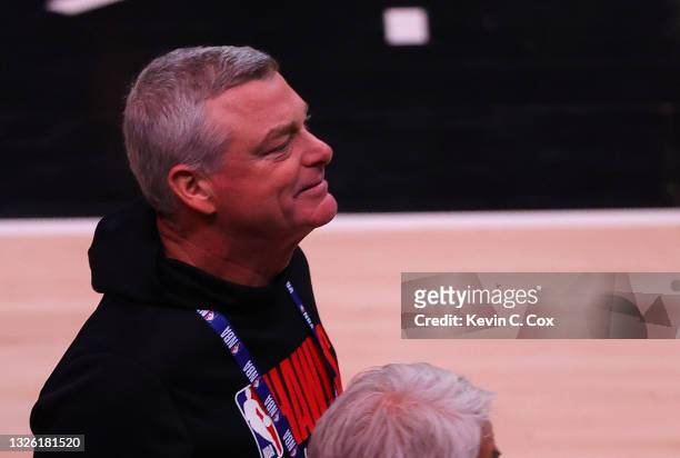 Owner Tony Ressler of the Atlanta Hawks looks on before Game Four of the Eastern Conference Finals against the Milwaukee Bucks at State Farm Arena on...