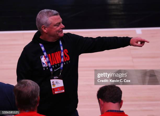 Owner Tony Ressler of the Atlanta Hawks looks on before Game Four of the Eastern Conference Finals against the Milwaukee Bucks at State Farm Arena on...