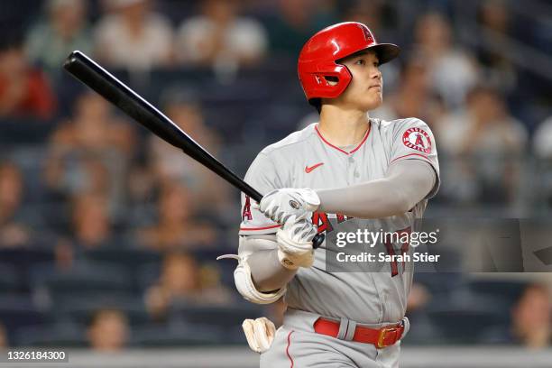 Shohei Ohtani of the Los Angeles Angels hits a two-run home run during the fifth inning against the New York Yankees at Yankee Stadium on June 29,...