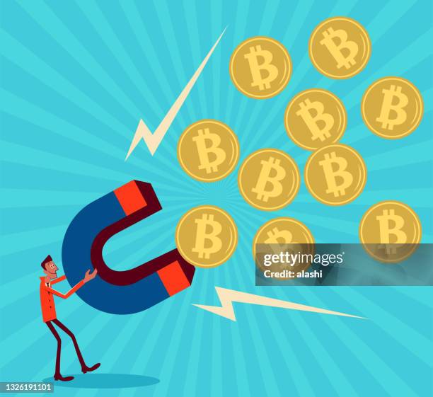ilustraciones, imágenes clip art, dibujos animados e iconos de stock de un hombre de negocios tiene un gran imán para atraer bitcoin - etf