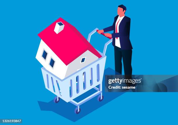 isometric businessman pushing a shopping cart to buy a house, real estate business . - commercial real estate 幅插畫檔、美工圖案、卡通及圖標