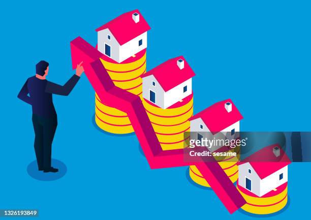 rising house prices, houses on piles of gold coins at different heights, real estate industry - mortgage loan 幅插畫檔、美工圖案、卡通及圖標