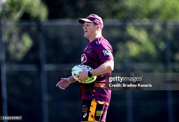 Coach Kevin Walters calls out to his players during a Brisbane Broncos NRL training session at Clive Berghofer Field on June 30, 2021 in Brisbane,...