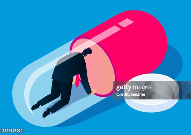 stockillustraties, clipart, cartoons en iconen met businessman drug abuse addiction and kneel down inside capsule medicament - narcotic