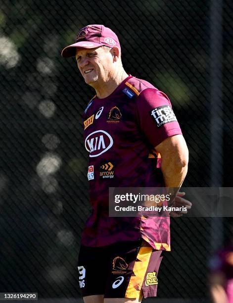 Coach Kevin Walters watches on during a Brisbane Broncos NRL training session at Clive Berghofer Field on June 30, 2021 in Brisbane, Australia.