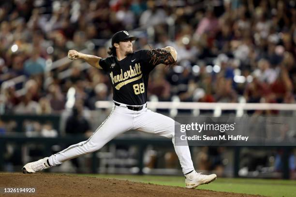 Pitcher Patrick Reilly of the Vanderbilt Commodores throws to a Mississippi St. Bulldogs batter in the third inning during game two of the College...