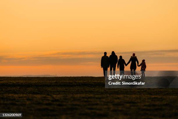 family walking at distance - familie met drie kinderen stockfoto's en -beelden