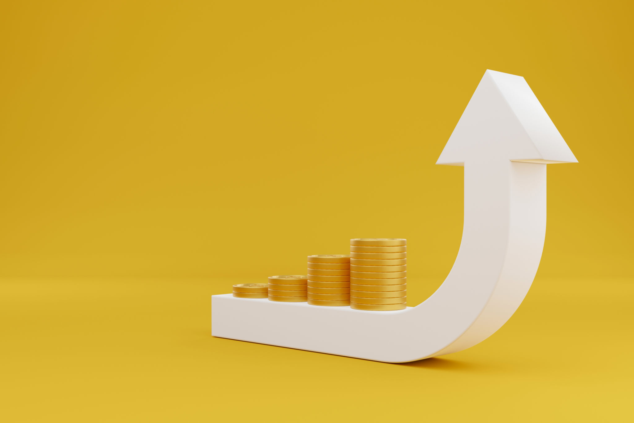 Arrow sign growth moving up and gold coin stack on yellow background. Concept of save money increase and investment growing. 3d illustration Arrow sign growth moving up and gold coin stack on yellow background. Concept of save money increase and investment growing. 3d illustration