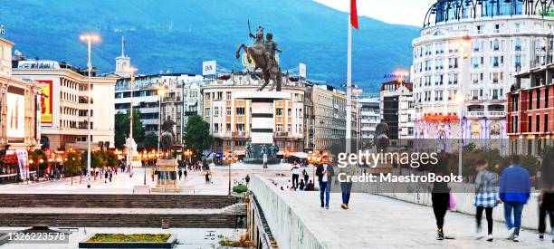 panoramic view of the stone bridge and macedonia square - skopje stock pictures, royalty-free photos & images