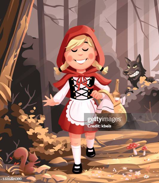 ilustraciones, imágenes clip art, dibujos animados e iconos de stock de caperucita roja en el bosque oscuro - red wolf