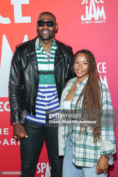 LeBron James and Savannah Brinson attends the Space Jam: A New Legacy Party in The Park After Dark at Six Flags Magic Mountain on June 29, 2021 in...