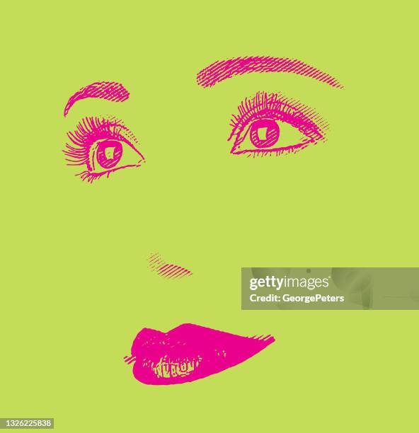 stockillustraties, clipart, cartoons en iconen met high key engraving of woman's eyes and lips with smiling cheerful facial expression - eyeliner