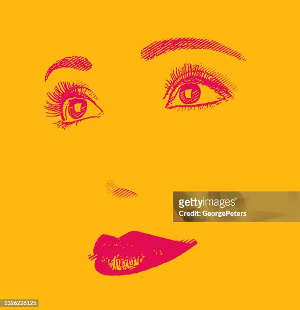 stockillustraties, clipart, cartoons en iconen met high key engraving of woman's eyes and lips with smiling cheerful facial expression - eyeliner
