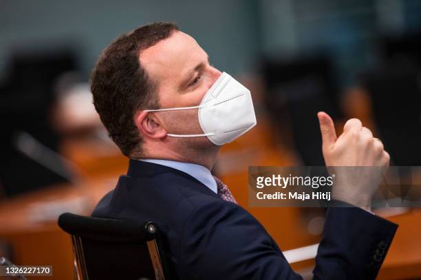 Health Minister Jens Spahn gestures prior to the weekly government cabinet meeting on June 30, 2021 in Berlin, Germany. Germany has eliminated many...